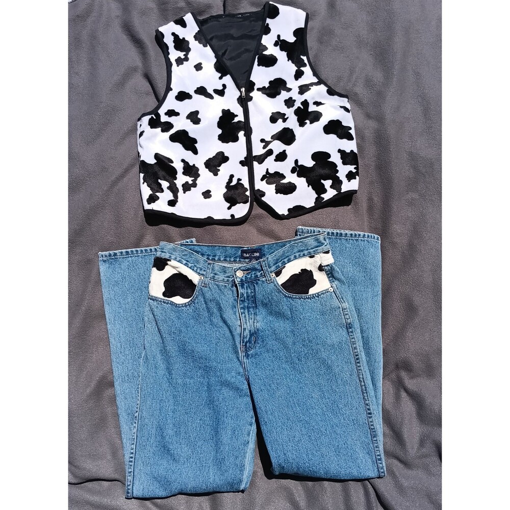 VTG Baccini Cow Print Vest & Matching Jeans Set Size 10 Western Rodeo Concert - Picture 2 of 12